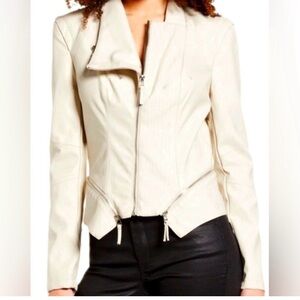 Blank NYC Faux Leather Asymmetrical Moto Jacket in a cream vanilla size m